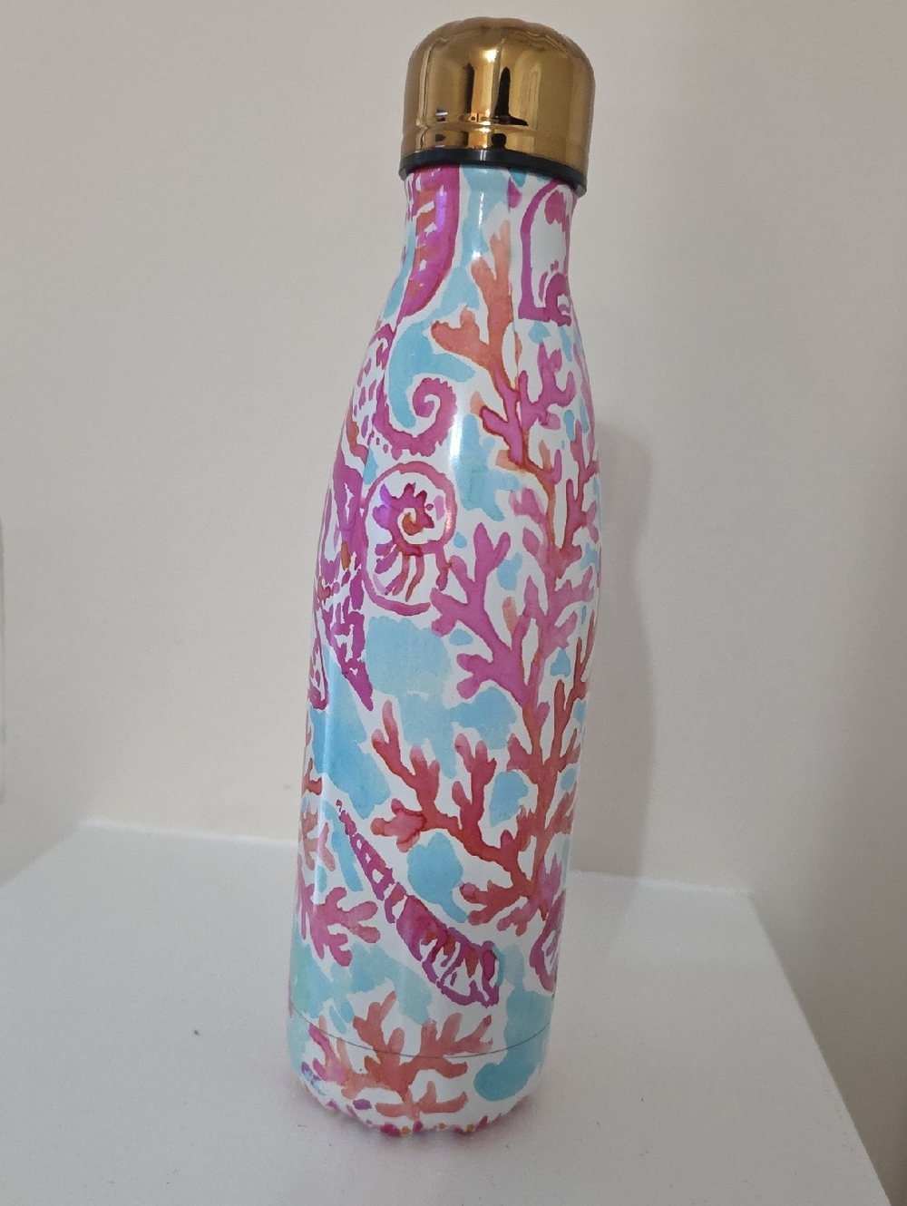 Lilly Pulitzer Pink Blue Coral Pattern Stainless Water Bottle with Gold Cap